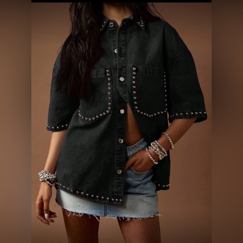 Black Studded Denim Jacket Shacket Oversized XS Short Sleeve Pockets NWT